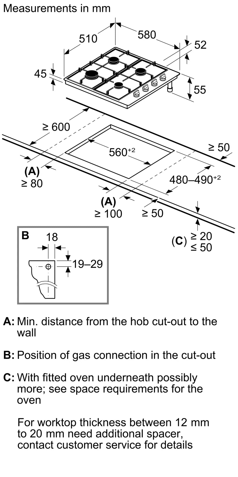 Bosch PGP6B5K90 Series 4 4 Burner Gas Hob, Stainless Steel