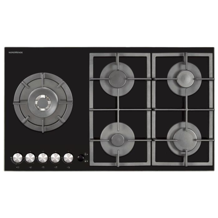NordMende HGX903BGL 90cm Gas Hob with Cast Iron Pan Supports and Side Wok Burner Black Glass