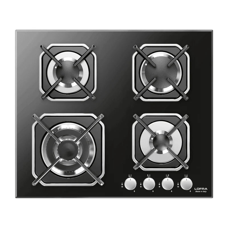 Professional Gas Glass Hob 60 cm - Mercurio Frontal Control Knobs - Black Glass