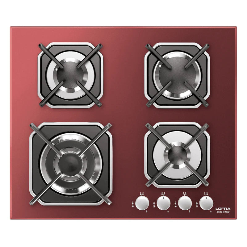 Professional Gas Glass Hob 60 cm - Mercurio Frontal Control Knobs - Red Glass