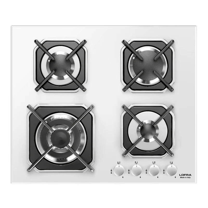 Professional Gas Glass Hob 60 cm - Mercurio Frontal Control Knobs - White Glass