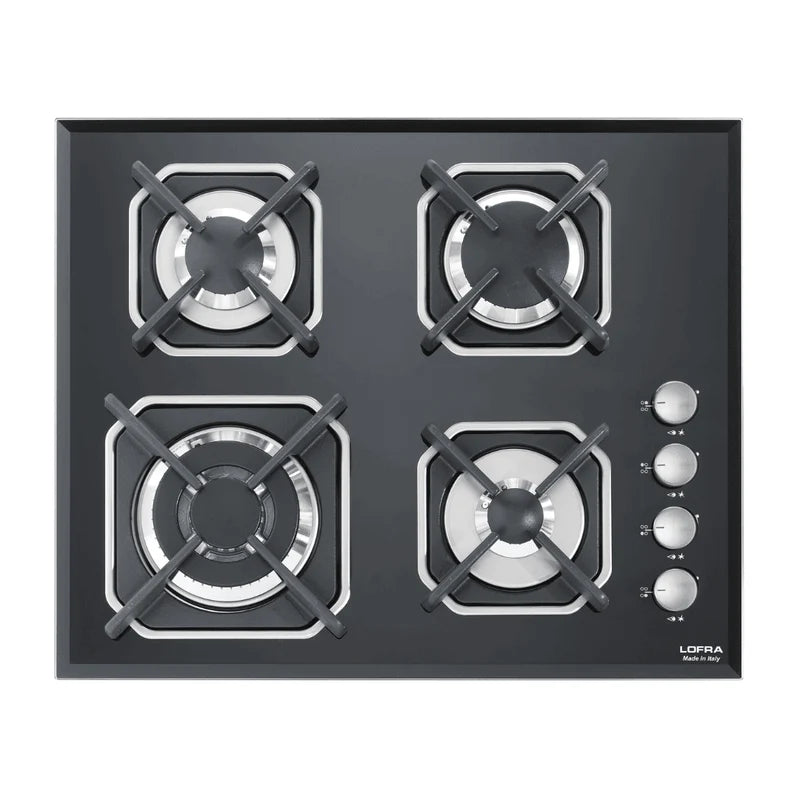 Professional Gas Glass Hob 60 cm - Mercurio Side Control Knobs - Black Glass