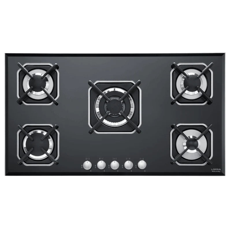 Professional Gas Glass Hob 90 cm - Marte Triple Ring Burner (Centre) - Black Glass