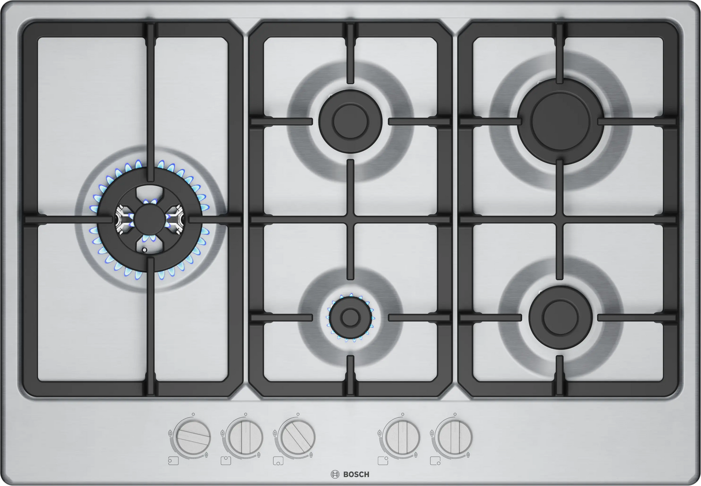 Bosch PGM7B5K90 75cm 5 Burner Gas Hob, Stainless Steel