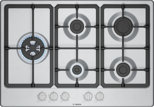 Bosch PGM7B5K90 75cm 5 Burner Gas Hob, Stainless Steel