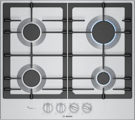 Bosch PCP6A5I90 Series 6 58cm 4 Burner Gas Hob, Stainless Steel