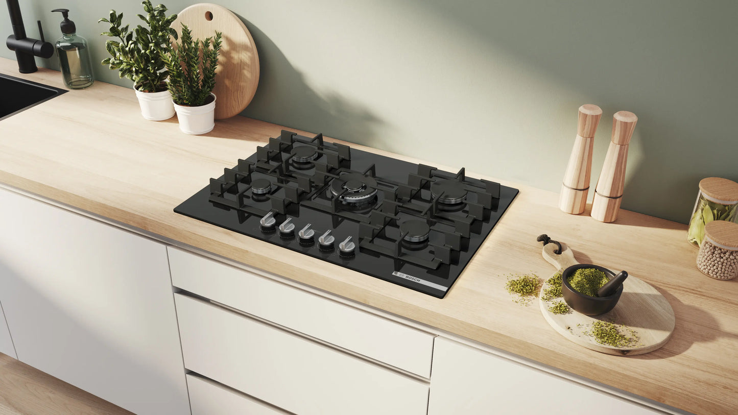 Bosch PPQ7A6I40 Series 6 75cm 5 Burner Gas Hob, Tempered Black Glass