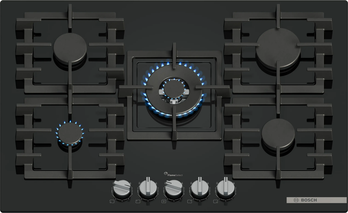 Bosch PPQ7A6I40 Series 6 75cm 5 Burner Gas Hob, Tempered Black Glass