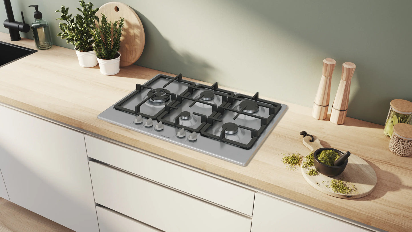 Bosch PGM7B5K90 75cm 5 Burner Gas Hob, Stainless Steel