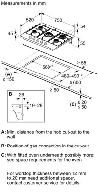 Bosch PGM7B5K90 75cm 5 Burner Gas Hob, Stainless Steel