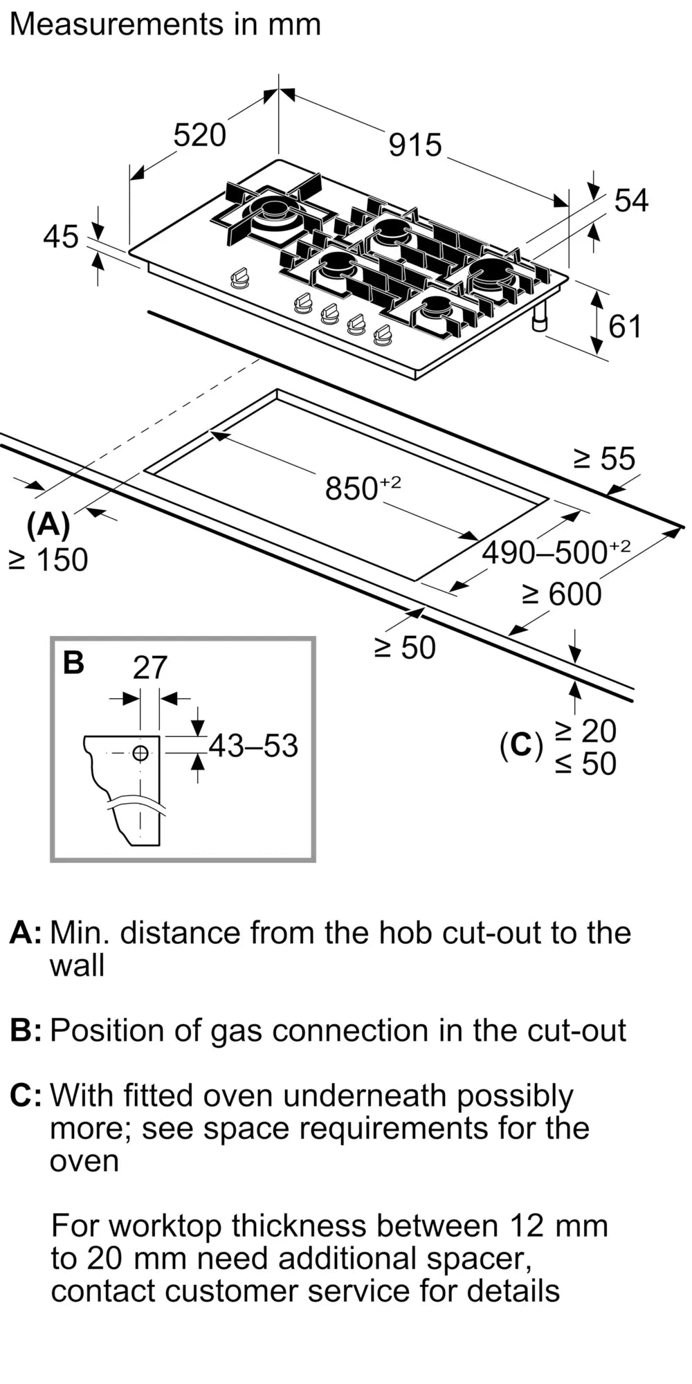 Bosch PPM9A6I40 Series 6 92cm 5 Burner Gas Hob, Black Tempered Glass