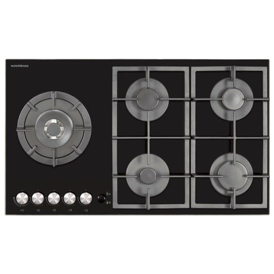 NordMende HGX903BGL 90cm Gas Hob with Cast Iron Pan Supports and Side Wok Burner Black Glass