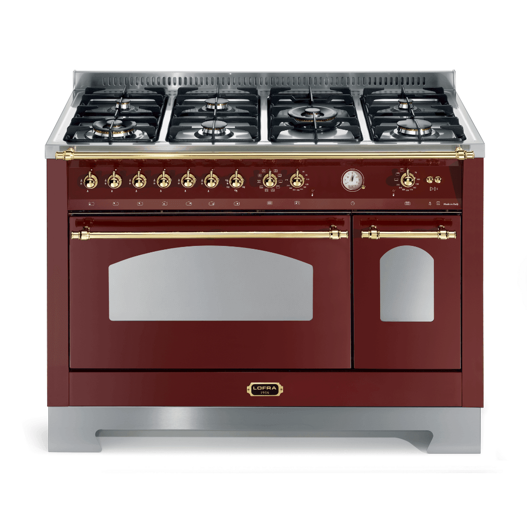 Dolcevita 120 cm Double Electric Oven Dual Fuel Range Cooker - Red Burgundy - Brass Finish - Lofra Cookers