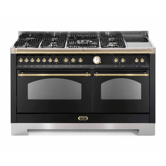 Dolcevita 150 cm Mixed Burners Double Electric Oven Dual Fuel Range Cooker - Black Matte - Brass Finish - Lofra Cookers