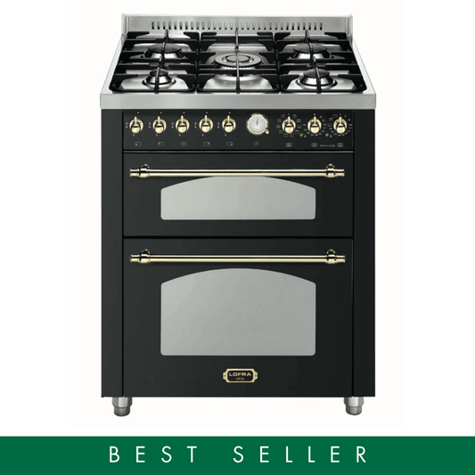 Dolcevita 70 cm Double Electric Oven Dual Fuel Range Cooker - Black Matte - Brass Finish - Lofra Cookers