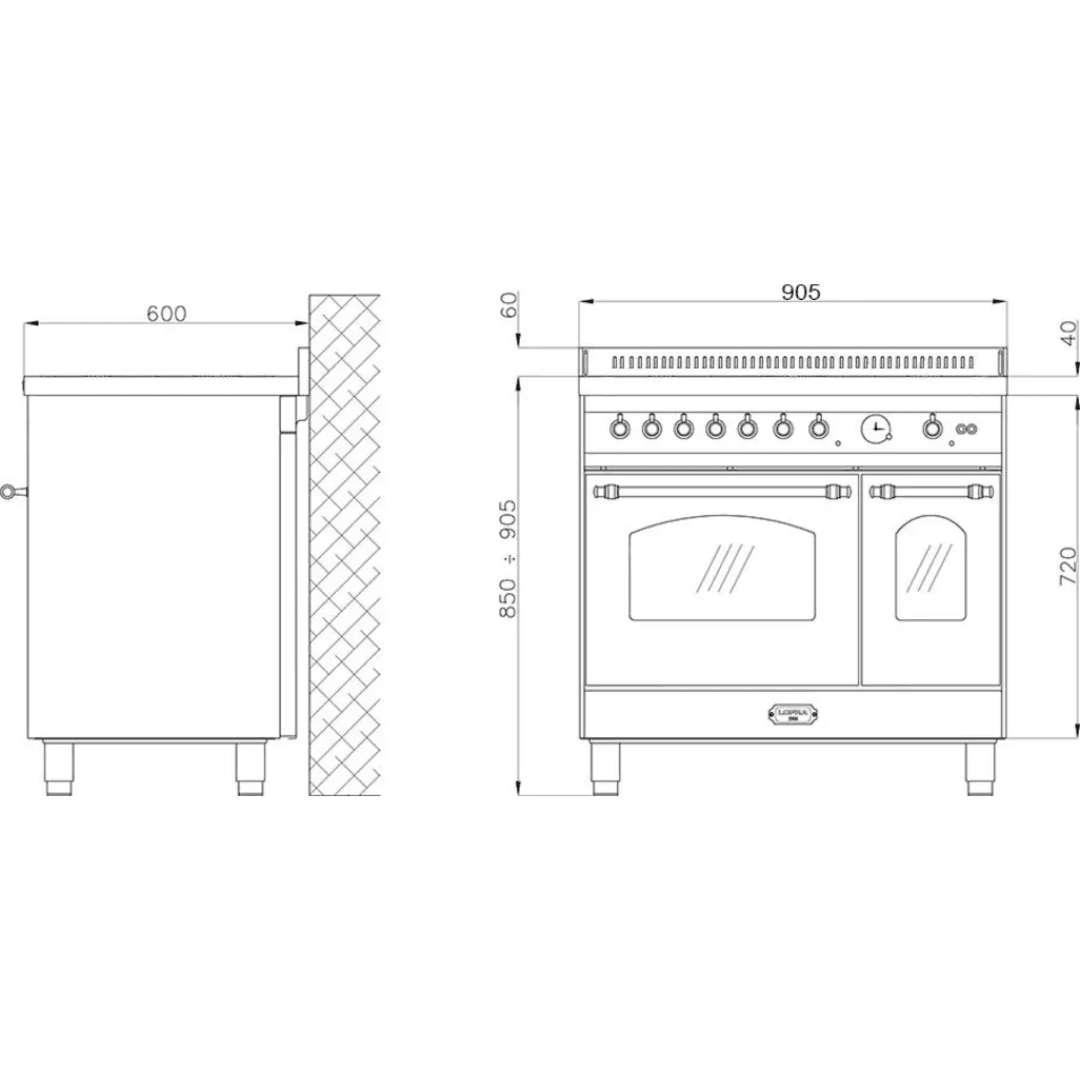 Dolcevita 90 cm Double Electric Oven Ceramic Fuel Cooker - Black Matte - Brass Finish - Lofra Cookers