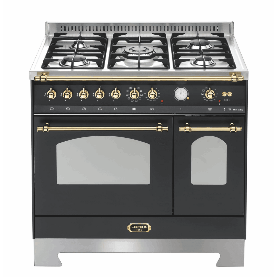 Dolcevita 90 cm Double Electric Oven Dual Fuel Range Cooker - Black Matte - Brass Finish - Lofra Cookers