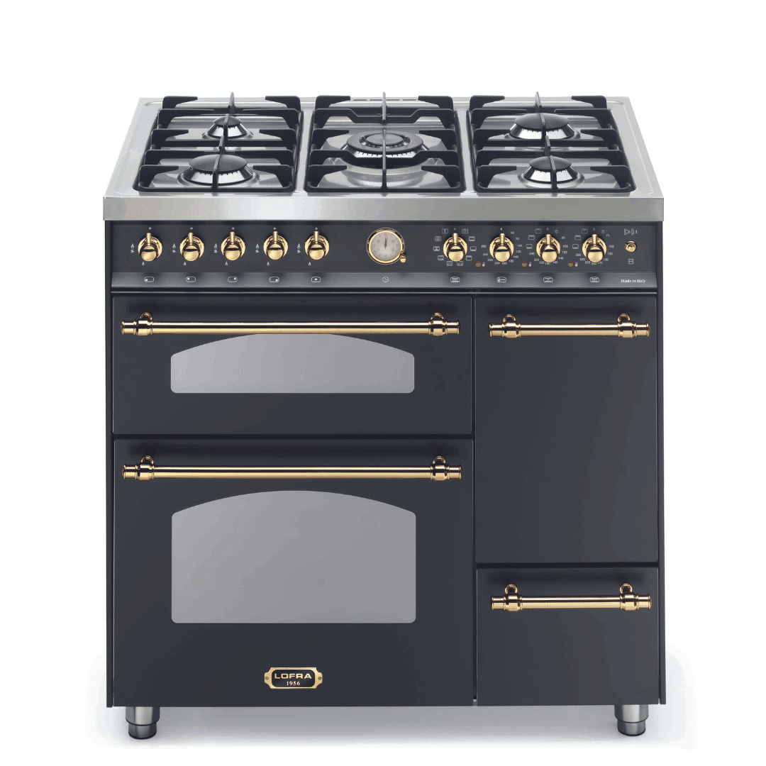 Dolcevita 90 cm Triple Electric Oven Dual Fuel Range Cooker - Black Matte - Brass Finish - Lofra Cookers