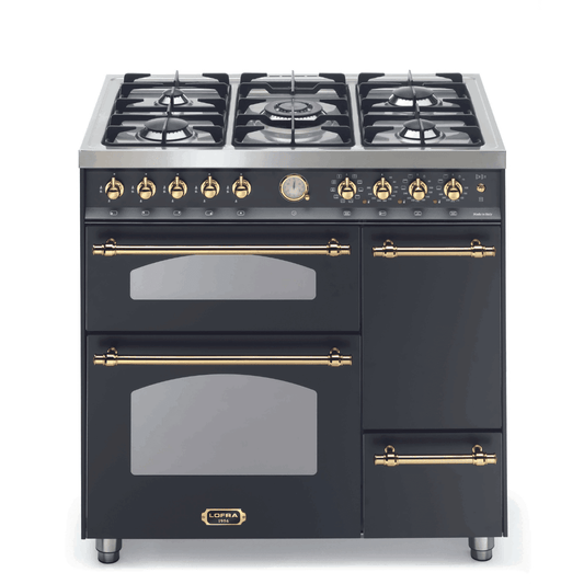 Dolcevita 90 cm Triple Electric Oven Dual Fuel Range Cooker - Black Matte - Brass Finish - Lofra Cookers