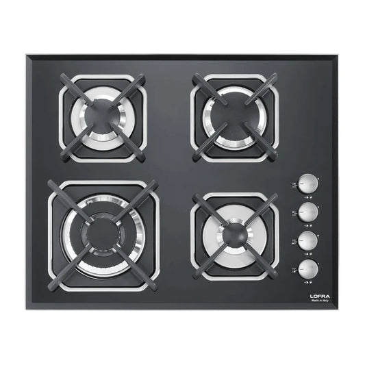 Professional Gas Glass Hob 60 cm - Mercurio Side Control Knobs  - Black Glass