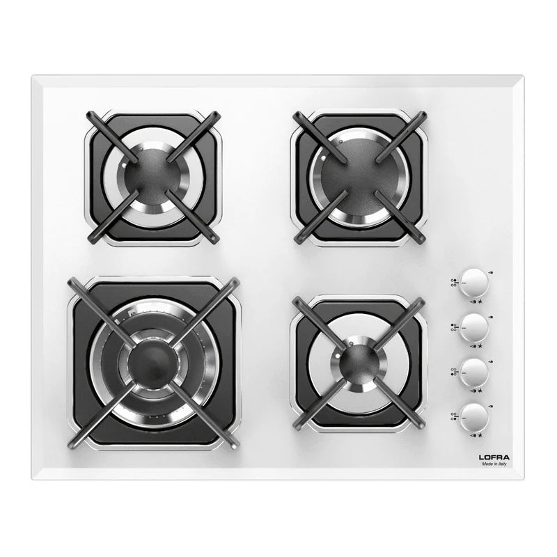 Professional Gas Glass Hob 60 cm - Mercurio Side Control Knobs  - White Glass
