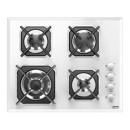 Professional Gas Glass Hob 60 cm - Mercurio Side Control Knobs  - White Glass