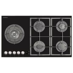 NordMende HGX903BGL 90cm Gas Hob with Cast Iron Pan Supports and Side Wok Burner Black Glass